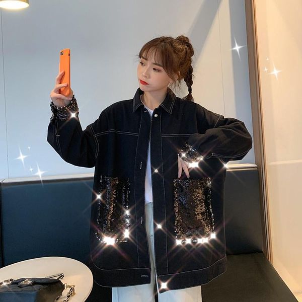 sequin denim jacket for women 2021 autumn black elegant outerwear long sleeve casual loose jackets coat casaco feminino bewomen's, Black;brown
sequin denim jacket for women 2021 autumn black elegant outerwear long sleeve casual loose jackets coat casaco feminino bewomen's, Black;brown
