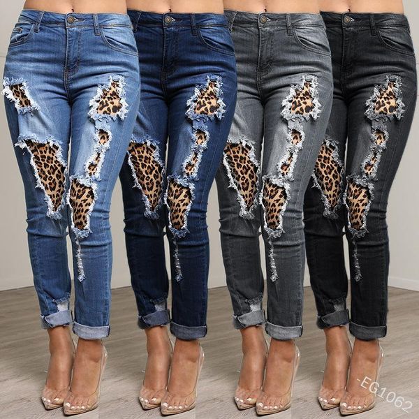 women ripped jeans leopard pants denim trousers mid waist button fashion casual summer women's, Blue
women ripped jeans leopard pants denim trousers mid waist button fashion casual summer women's, Blue