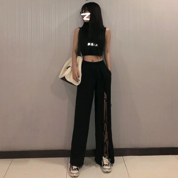 autumn winter black casual trousers high waist hollow out bandage loose korean fashion women pants tide women's & capris, Black;white 
autumn winter black casual trousers high waist hollow out bandage loose korean fashion women pants tide women's & capris, Black;white