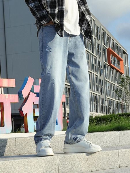 men solid wide leg jeans r1rz#, Blue