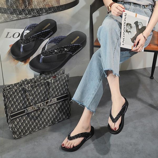 summer flip flop women middle heel crystal thick soled women's beach sandals fashionable rhinestone woman pinch slippers, Black
summer flip flop women middle heel crystal thick soled women's beach sandals fashionable rhinestone woman pinch slippers, Black