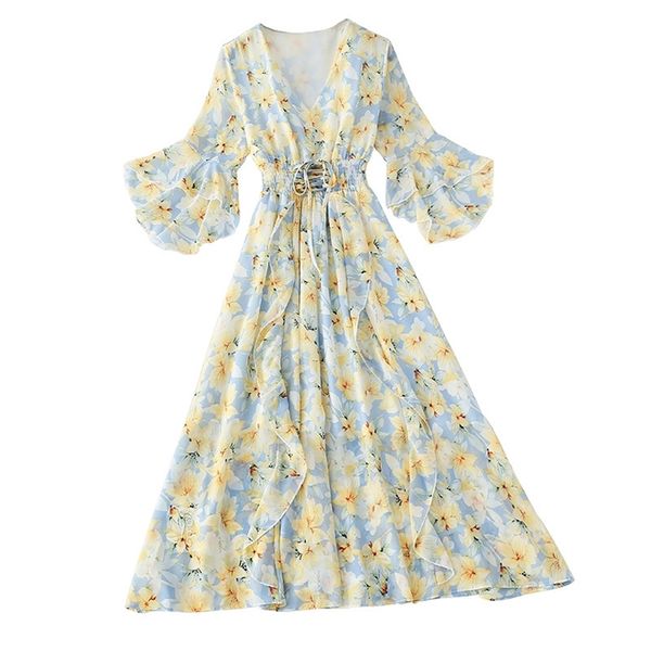 summer floral chiffon dress women elegant sweet vintage v-neck flared sleeves lace-up slim long dresses female lr1377 210531, Black;gray
summer floral chiffon dress women elegant sweet vintage v-neck flared sleeves lace-up slim long dresses female lr1377 210531, Black;gray