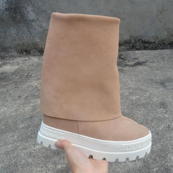 fashion woman suede brown platform round toe mid-calf boots height increasing slip on casual thick heel short fold, Black
fashion woman suede brown platform round toe mid-calf boots height increasing slip on casual thick heel short fold, Black
