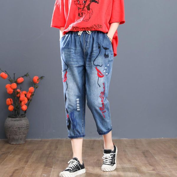 women's jeans summer ripped woman casual denim pants elastic waist vintage embroidery female hole streetwear calf length mujer, Blue
women's jeans summer ripped woman casual denim pants elastic waist vintage embroidery female hole streetwear calf length mujer, Blue