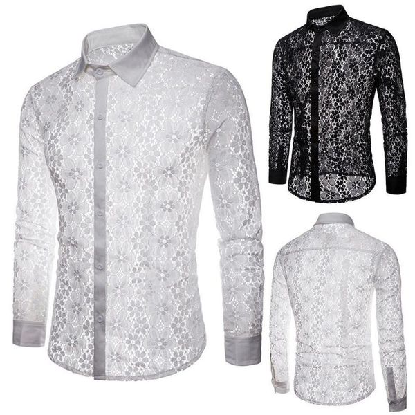 men's casual shirts men long sleeve solid color lace see through clubwear buttons down shirt, White;black
men's casual shirts men long sleeve solid color lace see through clubwear buttons down shirt, White;black