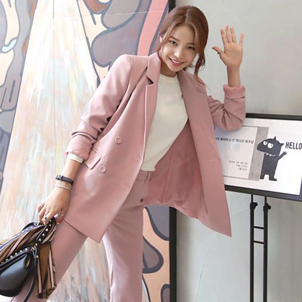 women's suits & blazers two piece set women style thin temperament pink small suit ol jacket + casual elegant double-breasted nine pant, White;black
women's suits & blazers two piece set women style thin temperament pink small suit ol jacket + casual elegant double-breasted nine pant, White;black