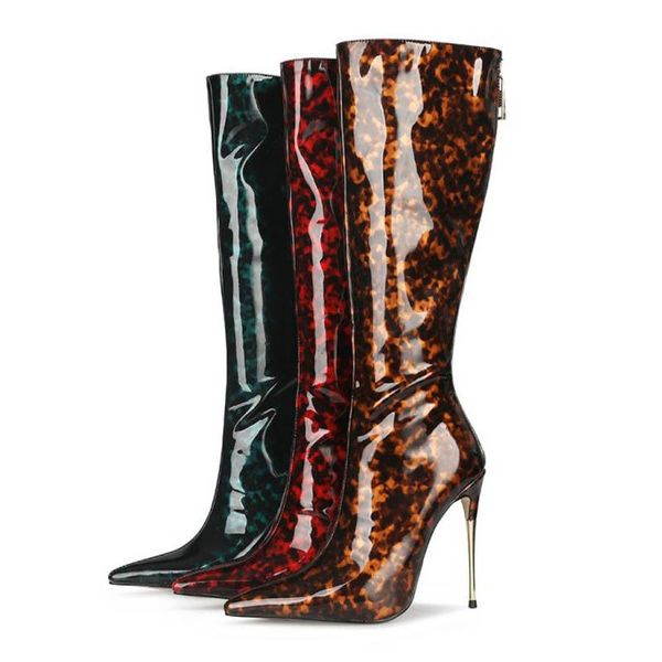boots mirror patent leather leopard print women knee high 2021 autumn winter pointed toe metal thin heel women's shoes, Black
boots mirror patent leather leopard print women knee high 2021 autumn winter pointed toe metal thin heel women's shoes, Black