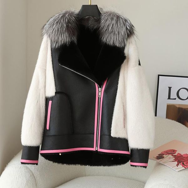 women's fur & faux genuine leather sheepskin coat for women 2021 bomber jacket with real mink sleeve and natural silver collar female, Black
women's fur & faux genuine leather sheepskin coat for women 2021 bomber jacket with real mink sleeve and natural silver collar female, Black