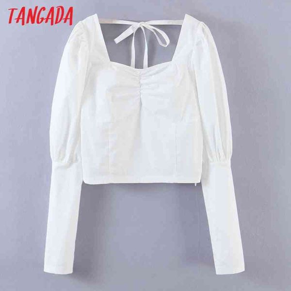 women retro white crop square collar backless bow chic female slim shirt sl540 210416
women retro white crop square collar backless bow chic female slim shirt sl540 210416