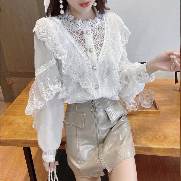 women's blouses & shirts stand collar lace ruffle chiffon shirt 2021 spring slim versatile temperament long sleeve femininas, White
women's blouses & shirts stand collar lace ruffle chiffon shirt 2021 spring slim versatile temperament long sleeve femininas, White