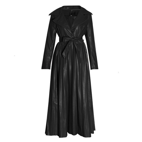 women's fur & faux autumn runway woman pu leather coats high waist long sleeve pleated sashes elegant o2ls, Black
women's fur & faux autumn runway woman pu leather coats high waist long sleeve pleated sashes elegant o2ls, Black