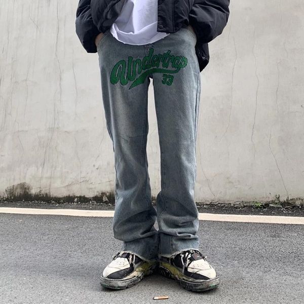 men's jeans letter embroidery men retro washed distressed casual micro-flared denim pants mens hip hop streetwear straight trousers, Blue
men's jeans letter embroidery men retro washed distressed casual micro-flared denim pants mens hip hop streetwear straight trousers, Blue