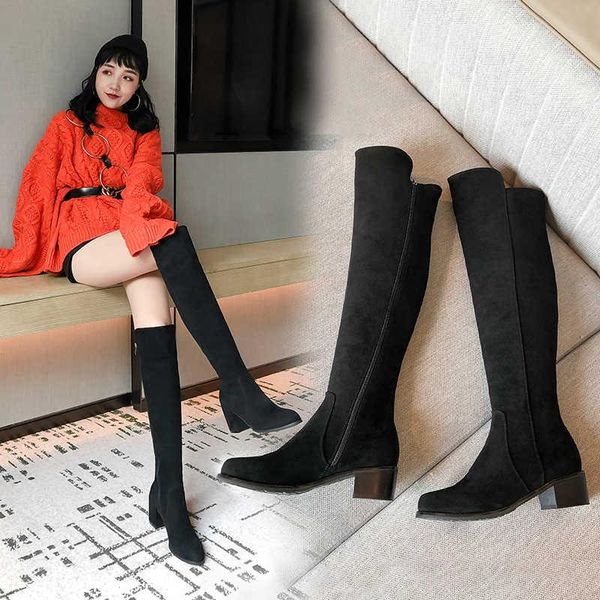boots side zipper suede elastic slim over knee in winter, Black