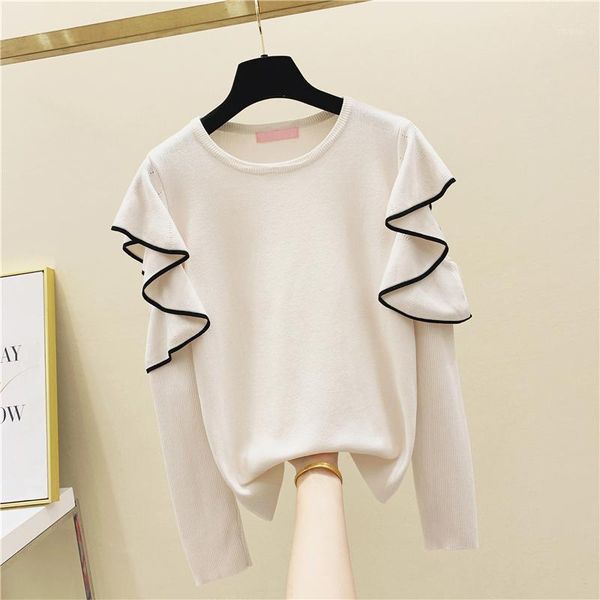women's sweaters ruffled long sleeve sweater femme round neck pullover 2021 autumn and winter loose lady chic jumpers, White;black
women's sweaters ruffled long sleeve sweater femme round neck pullover 2021 autumn and winter loose lady chic jumpers, White;black