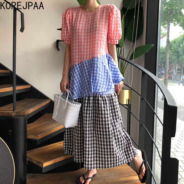 korejpaa women dress korean fashion chic summer vintage plaid round collar loose bubble sleeve cake long vestido female 210526, Black;gray
korejpaa women dress korean fashion chic summer vintage plaid round collar loose bubble sleeve cake long vestido female 210526, Black;gray