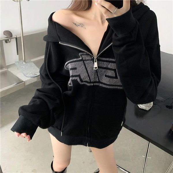 women's jackets rhinestone letter print black long sleeve sweater hoodie zipper loose oversized street casual wear 2021 fall/winter, Black;brown
women's jackets rhinestone letter print black long sleeve sweater hoodie zipper loose oversized street casual wear 2021 fall/winter, Black;brown