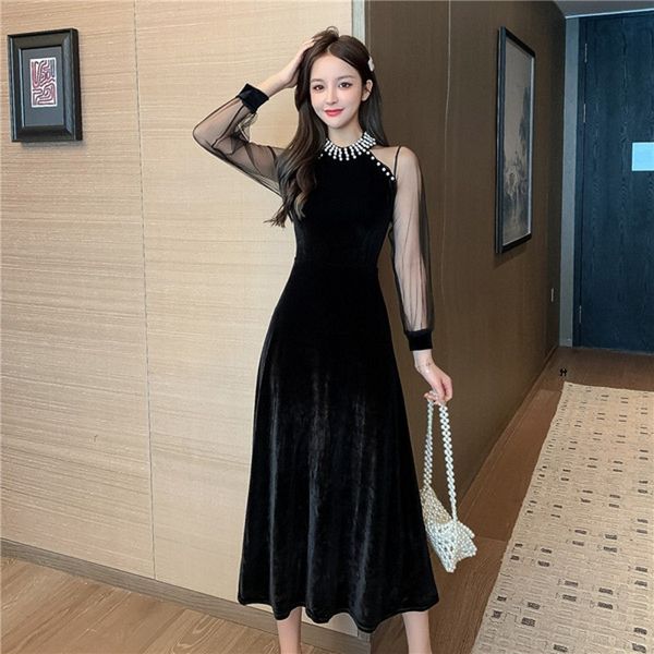 elegant mesh patchwork velvet autumn dress romantic high waist long sleeve nail bead slim bodycon midi dresses 210514, Black;gray
elegant mesh patchwork velvet autumn dress romantic high waist long sleeve nail bead slim bodycon midi dresses 210514, Black;gray