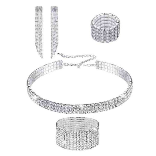 fashion band neck chain lace diamond claw bracelet ring earring four piece set, Silver
fashion band neck chain lace diamond claw bracelet ring earring four piece set, Silver
