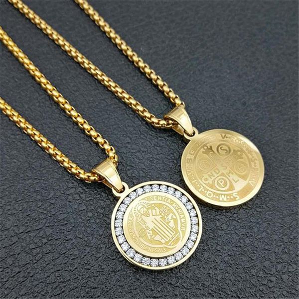 pendant necklaces hip hop iced out san benito holy medal with gold chain stainless steel jesus necklace religious jewelry drop, Silver
pendant necklaces hip hop iced out san benito holy medal with gold chain stainless steel jesus necklace religious jewelry drop, Silver