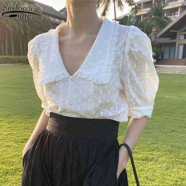short sleeve loose women summer doll collar solid casual shirt sweet hollow flower lace blouse puff 13919 210427, White
short sleeve loose women summer doll collar solid casual shirt sweet hollow flower lace blouse puff 13919 210427, White