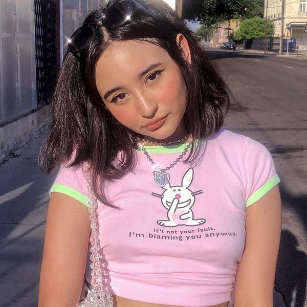 women's t-shirt summer kawaii cartoon printed cotton women short-sleeved pink stitching crop harajuku1, White
women's t-shirt summer kawaii cartoon printed cotton women short-sleeved pink stitching crop harajuku1, White