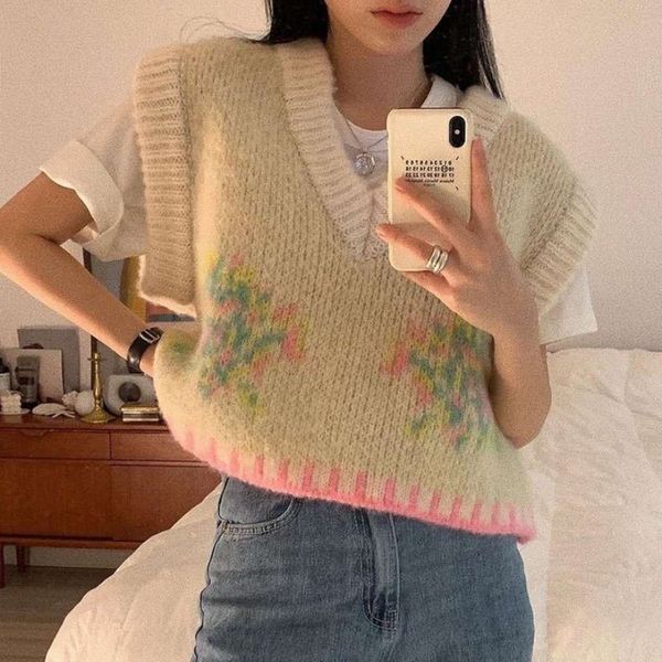 heavy industry haima wool vest female autumn winter v-neck loose knitted, White
