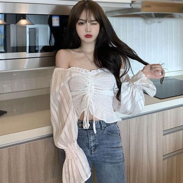 women's blouses & shirts women blouse retro slash neck off shoulder shirt exposed navel flared sleeves autumn long sleeve chiffon 2, White
women's blouses & shirts women blouse retro slash neck off shoulder shirt exposed navel flared sleeves autumn long sleeve chiffon 2, White