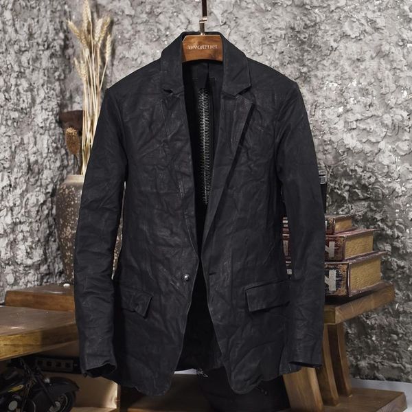 men's leather & faux winkle cow blazer single button slim fit genuine suit men fashion design smart casual jacket male, Black
men's leather & faux winkle cow blazer single button slim fit genuine suit men fashion design smart casual jacket male, Black