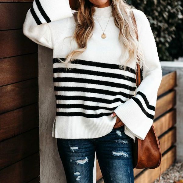 women autumn and winter loose knit flared sleeve sweater female fashion turtleneck striped elegant white pullover casual women's sweate, White;black
women autumn and winter loose knit flared sleeve sweater female fashion turtleneck striped elegant white pullover casual women's sweate, White;black