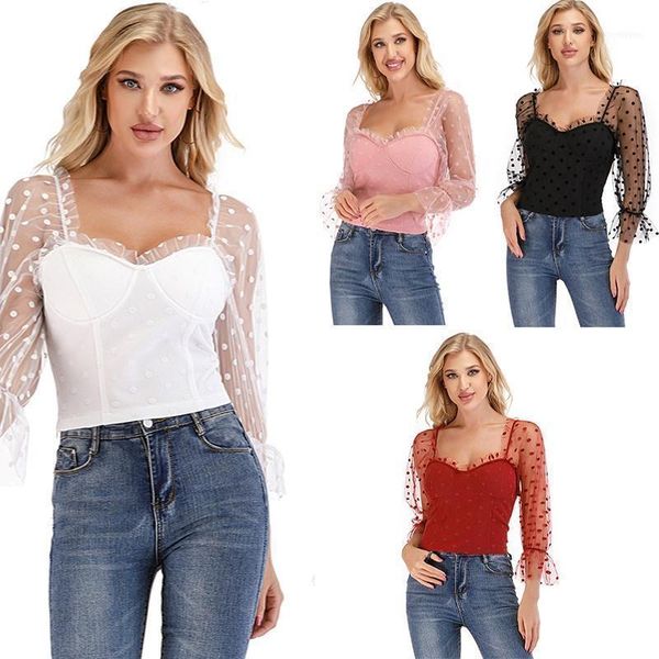 women square neck lace see-through sleeve blouse high street beach vacation polka dot elastic, White
women square neck lace see-through sleeve blouse high street beach vacation polka dot elastic, White