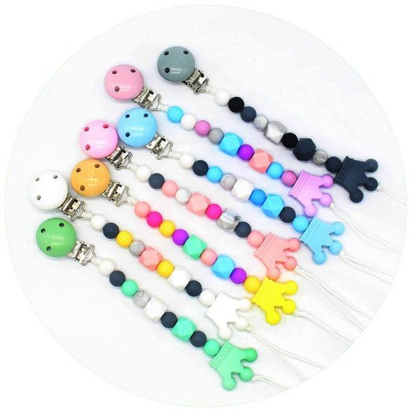 pacifiers# diy baby teethers food grade silicone crown shaped pacifier chain wooden clip holder chains teether toys