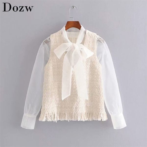 chic women tweed patchwork white lace blouse elegant bow tie collar long sleeve shirt office tassel stylish blusa 210515
chic women tweed patchwork white lace blouse elegant bow tie collar long sleeve shirt office tassel stylish blusa 210515