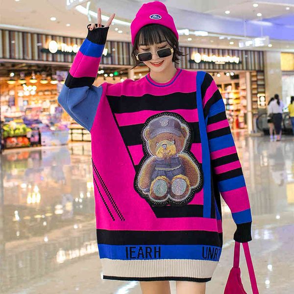 sweaters women's european station winter heavy industry rhinestone stripe color matching loose knit sweater women, White;black
sweaters women's european station winter heavy industry rhinestone stripe color matching loose knit sweater women, White;black