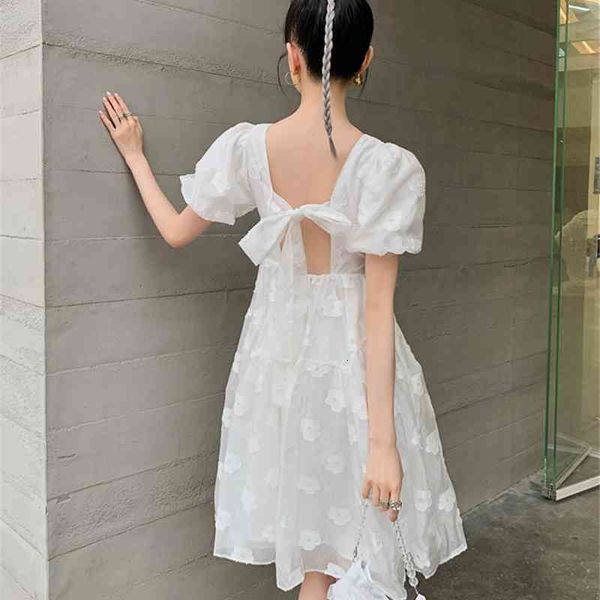 casual dresses backless puff sleeve white tulle for women square neck short tie back a line summer ladies x6ea, Black;gray