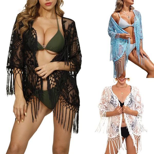 women casual beach blouse with tassels, solid color half sleeve loose style women's swimwear, White;black
women casual beach blouse with tassels, solid color half sleeve loose style women's swimwear, White;black