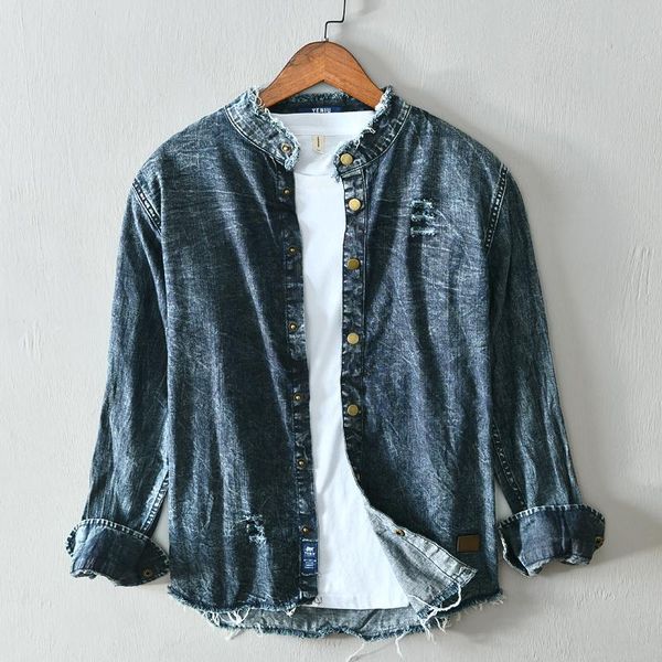 men's casual shirts 2021 autumn winter denim men retro distressed hole oversize pure cotton plus size shirt, White;black
men's casual shirts 2021 autumn winter denim men retro distressed hole oversize pure cotton plus size shirt, White;black