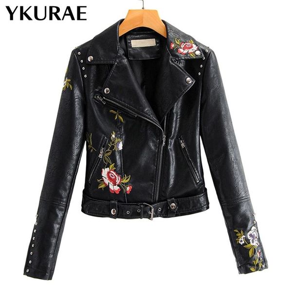 women's embroidered leather jacket pu female slim casual punk jackets fashion streetwear coats rivet motorcycle outerwear fl049 & faux, Black
women's embroidered leather jacket pu female slim casual punk jackets fashion streetwear coats rivet motorcycle outerwear fl049 & faux, Black