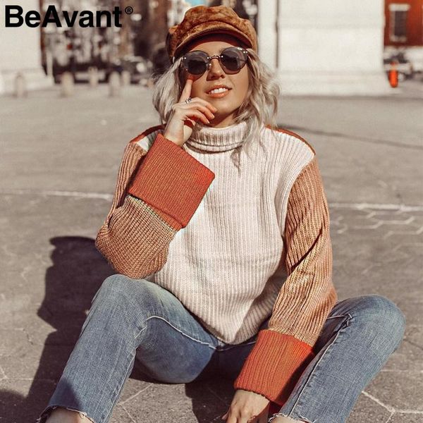women's sweaters beavant turtleneck patchwork winter women casual long sleeve korean pullover knitted jumper streetwear ladies, White;black
women's sweaters beavant turtleneck patchwork winter women casual long sleeve korean pullover knitted jumper streetwear ladies, White;black