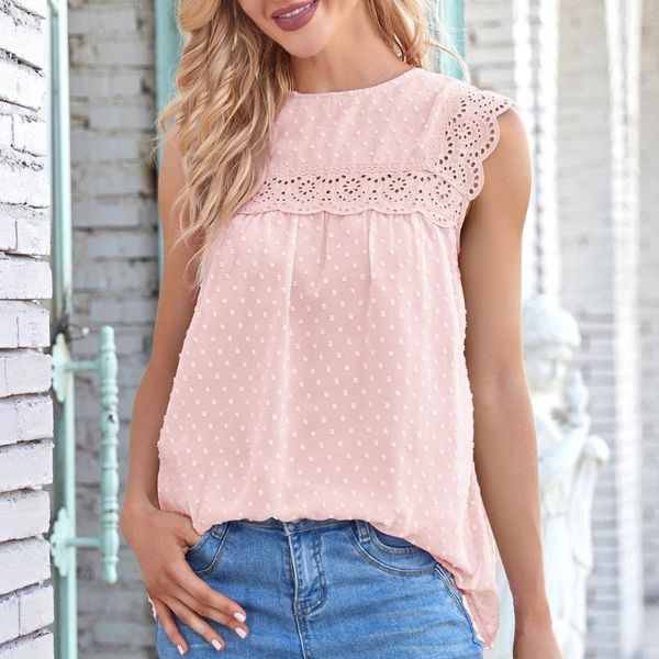 women's polos pink jacquard chiffon blouse women fashion lace hollow out sleeveless loose shirts summer holiday casual ladies blouses, White