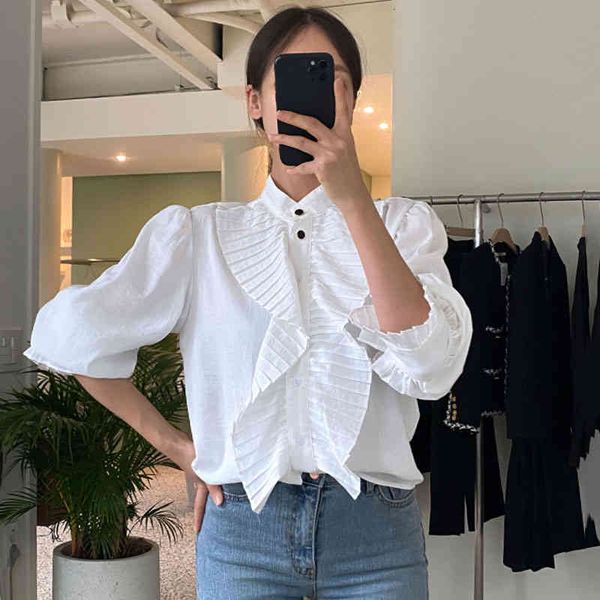 Chic Shirt Woman Spring Stand-up Collar Buttons Embellished Striped Wood Ears Loose Versatile Puff Sleeve Top, White
Chic Shirt Woman Spring Stand-up Collar Buttons Embellished Striped Wood Ears Loose Versatile Puff Sleeve Top, White
