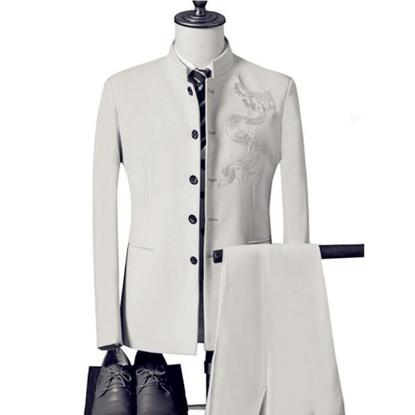 men's suits & blazers stand collar chinese style wedding dragon totem embroidered suit 3 piece set jacket vest pants coat, White;black
men's suits & blazers stand collar chinese style wedding dragon totem embroidered suit 3 piece set jacket vest pants coat, White;black