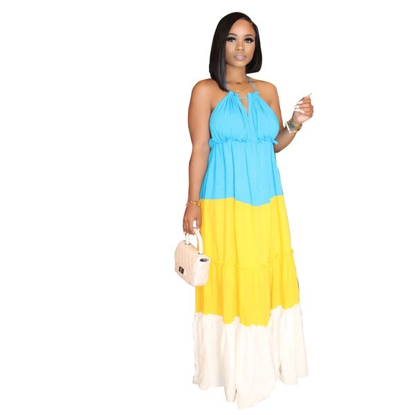 summer beach casual halter neck sleeves ruffles three colors spliced backless long es floor length arrived, White;black
summer beach casual halter neck sleeves ruffles three colors spliced backless long es floor length arrived, White;black