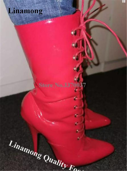 boots linamong shining patent leather stiletto heel mid-cald lace-up rose pink pointed toe short high club shoes, Black
boots linamong shining patent leather stiletto heel mid-cald lace-up rose pink pointed toe short high club shoes, Black