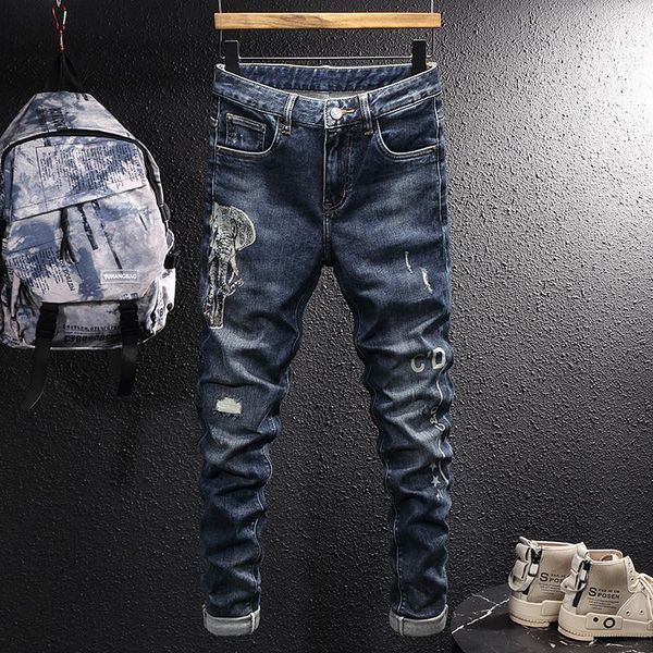 men's jeans street style fashion men retro blue elastic slim fit ripped printed designer hip hop casual stretch denim pants
men's jeans street style fashion men retro blue elastic slim fit ripped printed designer hip hop casual stretch denim pants