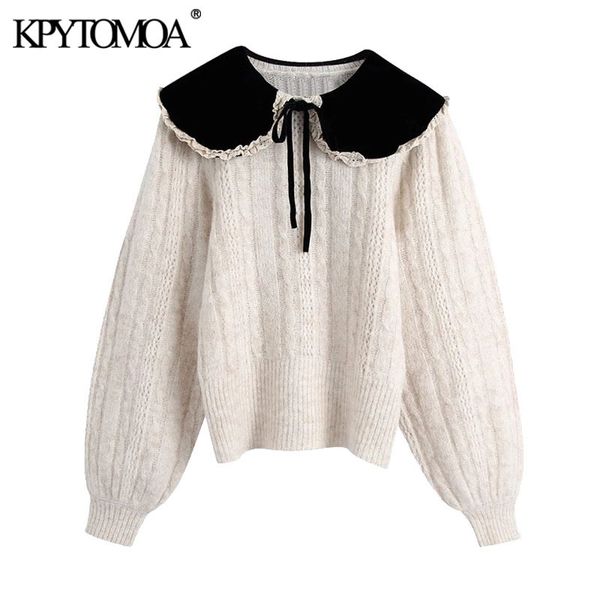 women fashion with bow velvet peter pan collar knitted sweaters vintage lantern sleeve female pullovers chic 210416, White;black
women fashion with bow velvet peter pan collar knitted sweaters vintage lantern sleeve female pullovers chic 210416, White;black