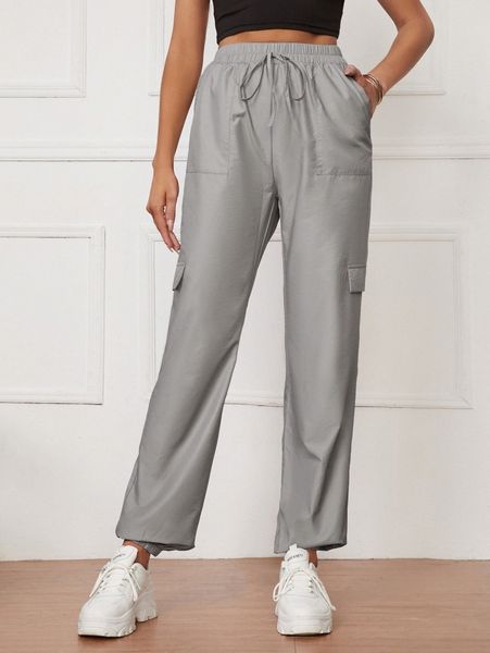 tall slant pocket flap detail pants w5da#, Black;white