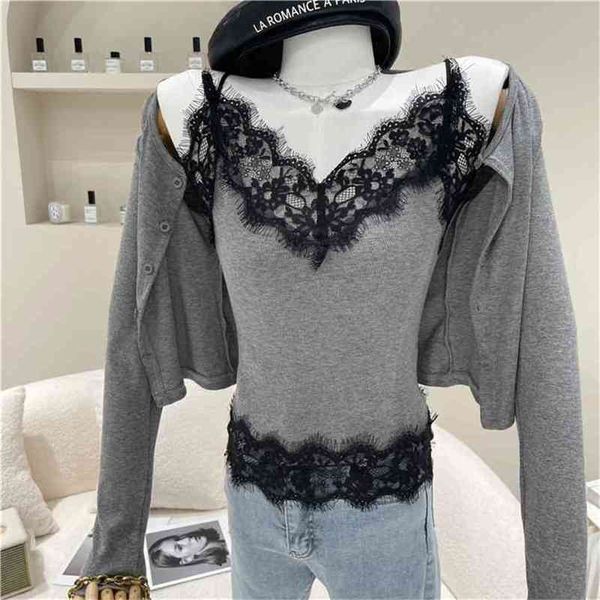 korean fashion women's two piece set v-neck lace stitching tube camisole with long sleeve sun protection clothing 210602, White
korean fashion women's two piece set v-neck lace stitching tube camisole with long sleeve sun protection clothing 210602, White