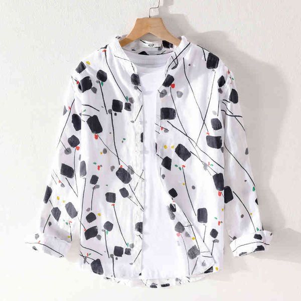 men's t-shirts summer stand collar 100% linen print brand long sleeve shirt for men casual retro fashion shirts male camiseta ttjp, White;black
men's t-shirts summer stand collar 100% linen print brand long sleeve shirt for men casual retro fashion shirts male camiseta ttjp, White;black