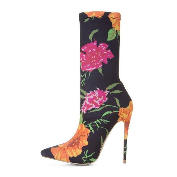 boots stretch women's short flower season pointed thin high heel, Black 
boots stretch women's short flower season pointed thin high heel, Black