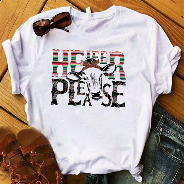heifer please printed women short sleeve loose tee clothes graphic, White 
heifer please printed women short sleeve loose tee clothes graphic, White